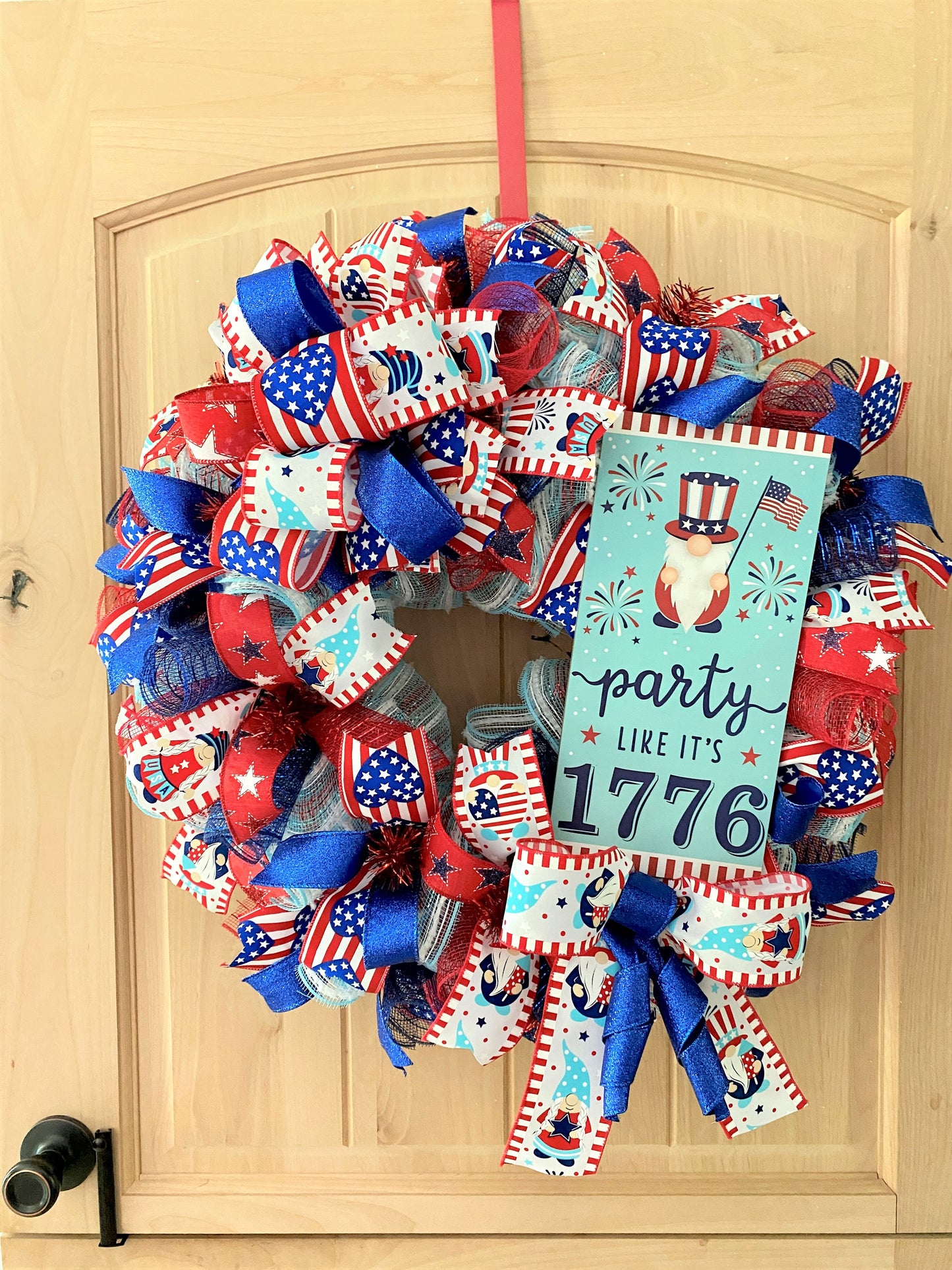 Fourth of July Gnome, Wreath, Party Like It's 1776, Red, White, Blue, Glitter, Deco Mesh and Wired Ribbons, Large Size