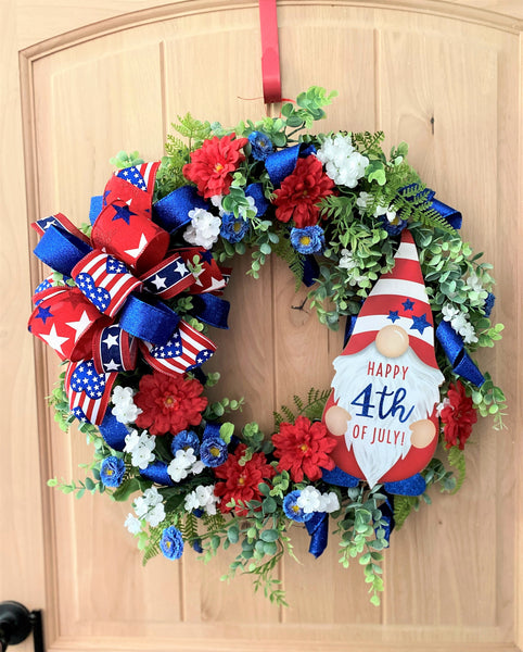 Fourth Of July, Grapevine Wreath, Artificial Florals, Happy 4th Of July Gnome, Red, White, Blue, Multi