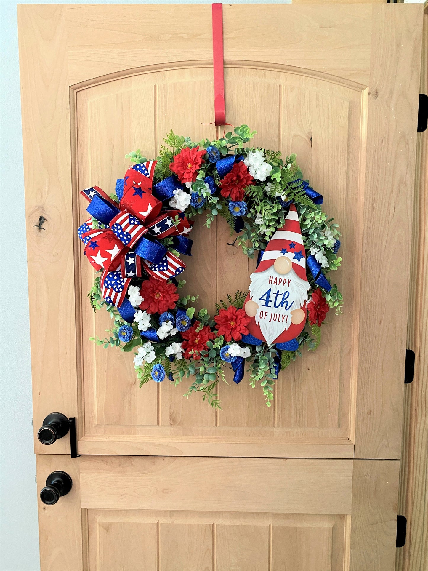 Fourth Of July, Grapevine Wreath, Artificial Florals, Happy 4th Of July Gnome, Red, White, Blue, Multi