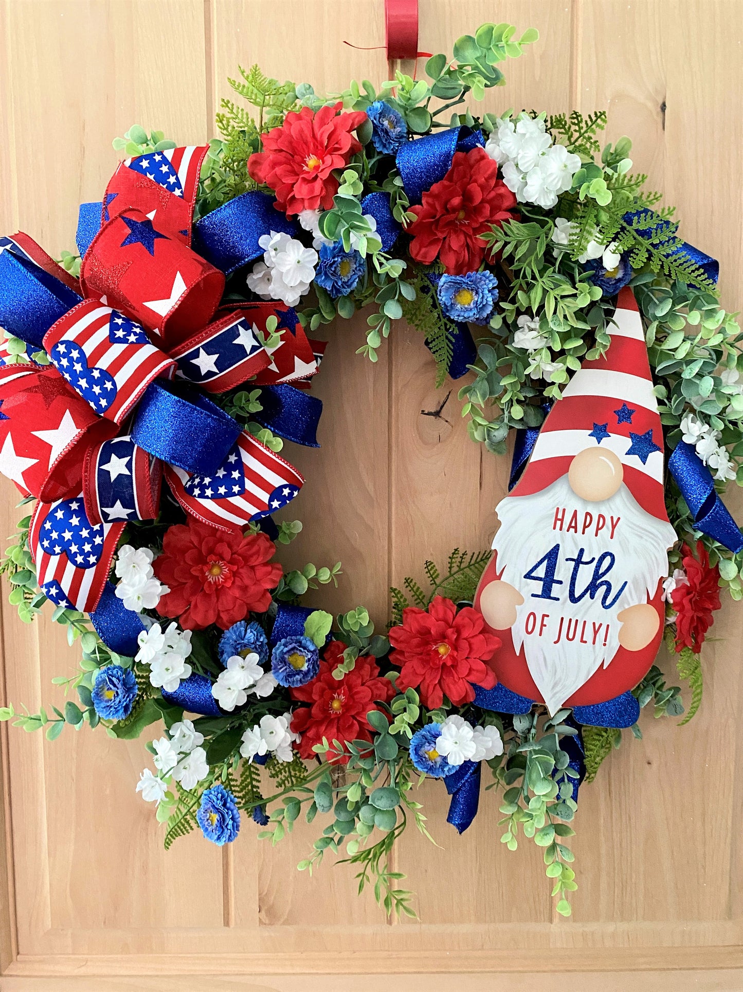 Fourth Of July, Grapevine Wreath, Artificial Florals, Happy 4th Of July Gnome, Red, White, Blue, Multi