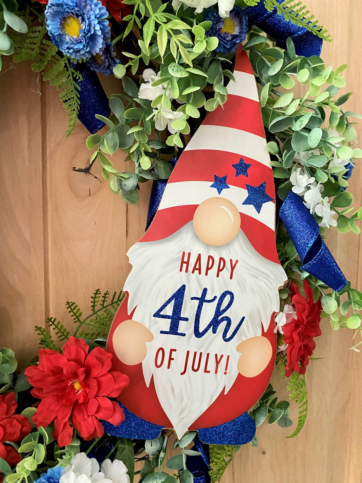 Fourth Of July, Grapevine Wreath, Artificial Florals, Happy 4th Of July Gnome, Red, White, Blue, Multi