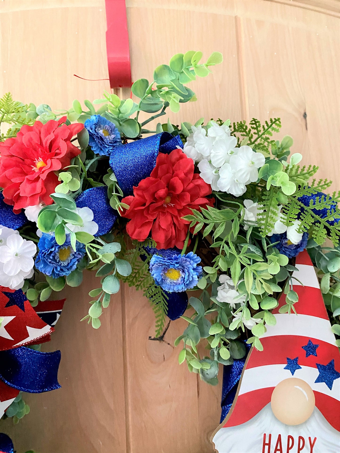 Fourth Of July, Grapevine Wreath, Artificial Florals, Happy 4th Of July Gnome, Red, White, Blue, Multi