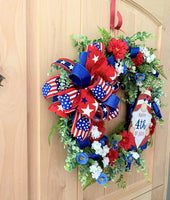 Fourth Of July, Grapevine Wreath, Artificial Florals, Happy 4th Of July Gnome, Red, White, Blue, Multi