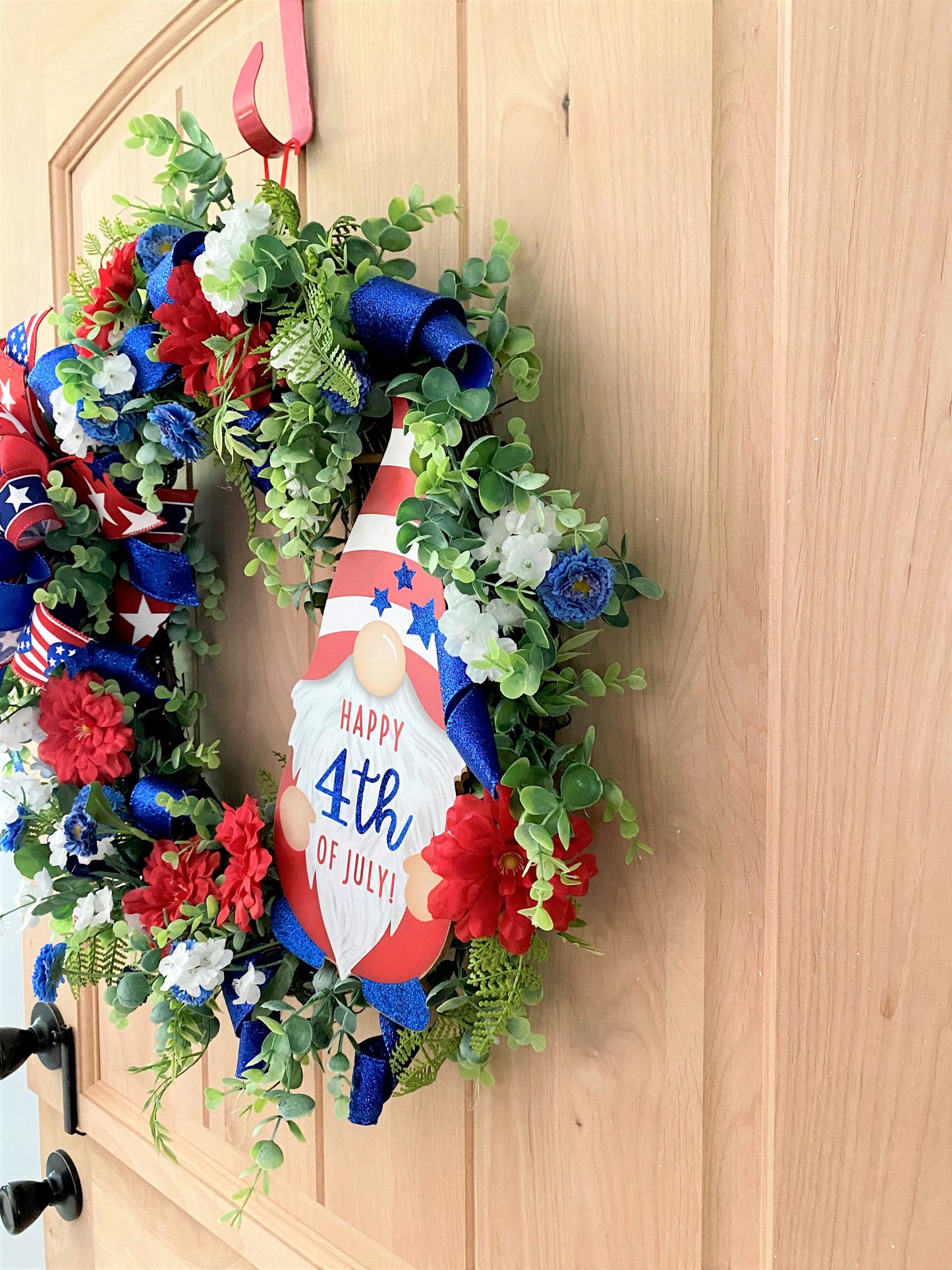 Fourth Of July, Grapevine Wreath, Artificial Florals, Happy 4th Of July Gnome, Red, White, Blue, Multi