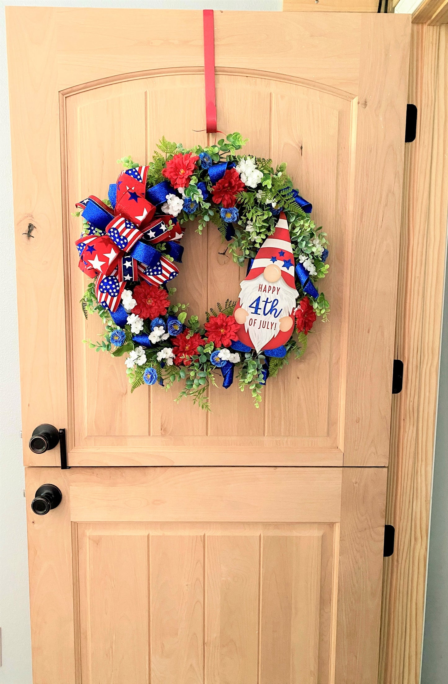 Fourth Of July, Grapevine Wreath, Artificial Florals, Happy 4th Of July Gnome, Red, White, Blue, Multi
