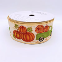 Cut at 3 Yard Increments, Fall Pumpkins and Truck, Wired Edged Ribbon, 2.5" X 3YD