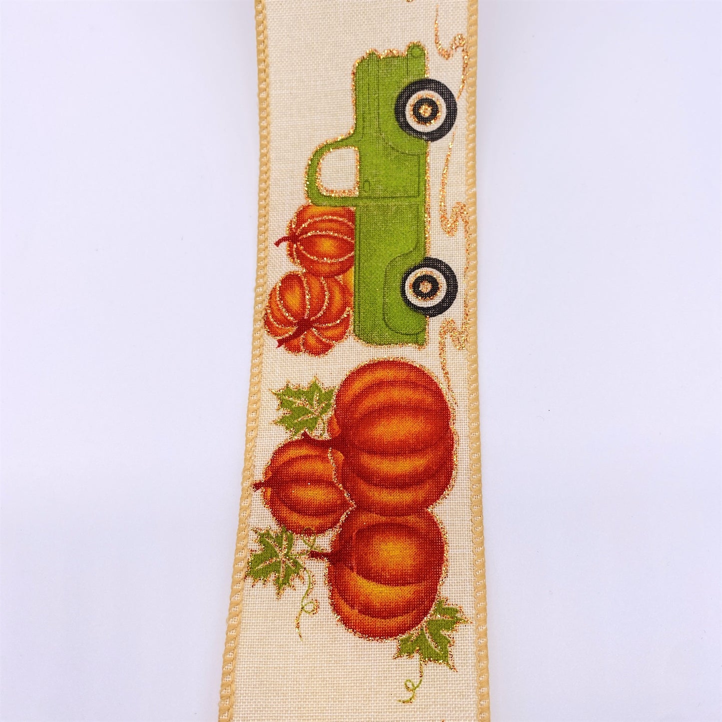 Cut at 3 Yard Increments, Fall Pumpkins and Truck, Wired Edged Ribbon, 2.5" X 3YD
