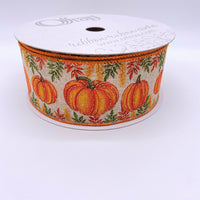 Cut at 3 Yard Increments, Fall Pumpkins and Leaves, Wired Edged Ribbon, 2.5" X 3YD