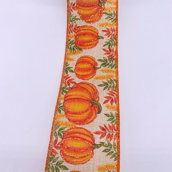 Cut at 3 Yard Increments, Fall Pumpkins and Leaves, Wired Edged Ribbon, 2.5" X 3YD