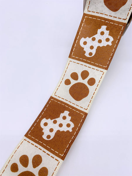 Cut at 3 Yard Increments, Dog Paw Prints and Bones, Wired Edged Ribbon, 2.5" X 3YD