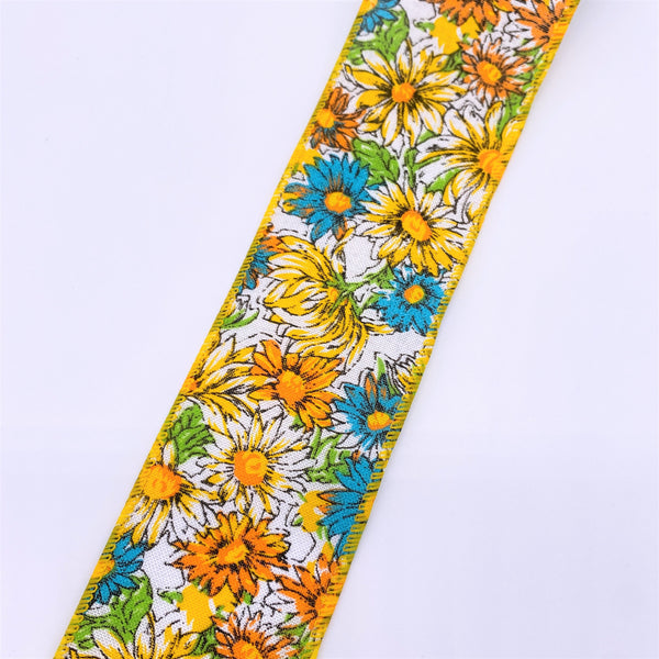 Cut at 3 Yard Increments, Watercolor Daisies, Wired Edged Ribbon, 2.5" X 3YD