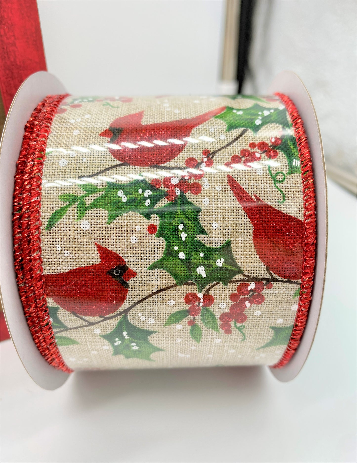 Cardinal, Holly, Berries, Canvas, Wired Ribbon, 2.5" X 10 YD,  RGE1531JW