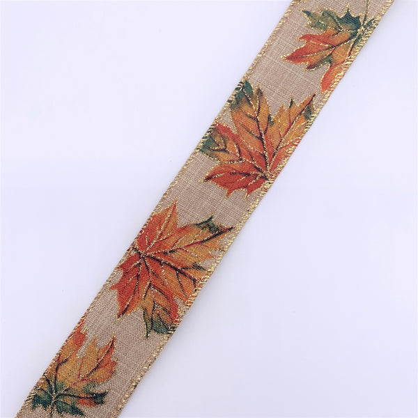 Cut at 3 Yard Increments, Fall Leaves, Glitter, Wired Edged Ribbon, 1.5" X 3YD