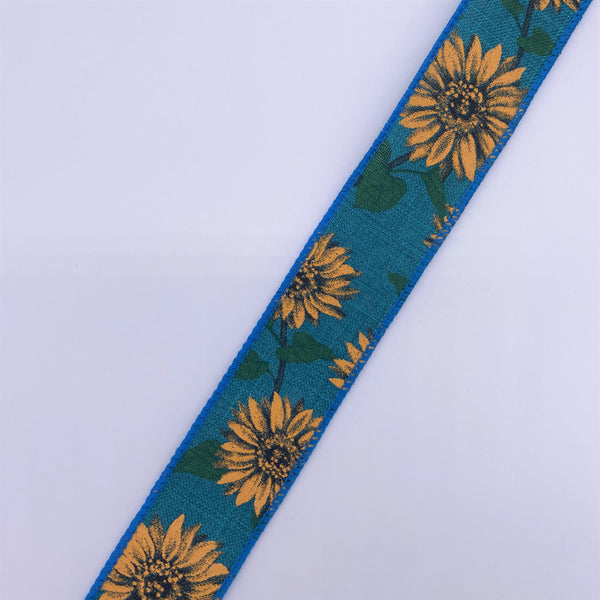 Cut at 3 Yard Increments, Linen Sunflower, Teal, Wired Edged Ribbon, 1.5" X 3YD