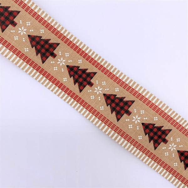 Cut at 3 Yard Increments, Red and Black Buffalo Plaid, Trees, Wired Edged Ribbon, 2.5" X 3YD