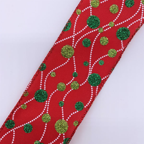 Cut at 3 Yard Increments, Satin, Red, Emerald, Lime, Green, White, Glitter Dots, Wired Edged Ribbon, 2.5" X 3YD
