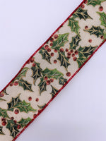 Cut at 3 Yard Increments, Gold Glitter, Holly, Berries, Wired Edged Ribbon, 2.5" X 3YD