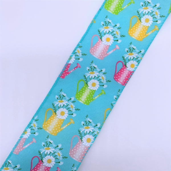 Cut at 3 Yard Increments, Satin, Flower Filled, Watering Can, Floral, Light Blue, Wired Edged Ribbon, 2.5" X 3YD