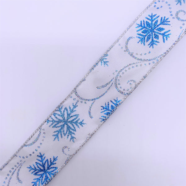Cut at 3 Yard Increments, Satin, Blue, White, Silver, Snowflakes, Glitter, Wired Edged Ribbon, 1.5" X 3YD