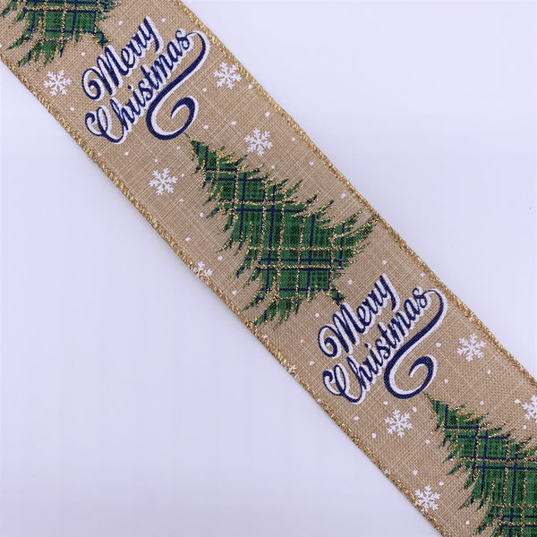 Cut at 3 Yard Increments, Merry Christmas Trees, Snowflakes, Glitter, Natural, Wired Edged Ribbon, 2.5" X 3YD