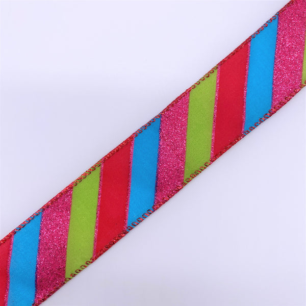 Cut at 3 Yard Increments, Stripes, Glitter, Turquoise, Hot Pink, Lime, Red, Wired Edged Ribbon, 1.5" X 3YD
