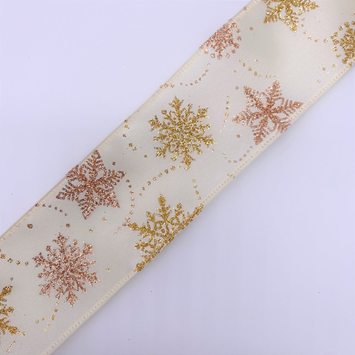 Cut at 3 Yard Increments, Satin, Glitter, Snowflakes, Wired Edged Ribbon, 2.5" X 3YD