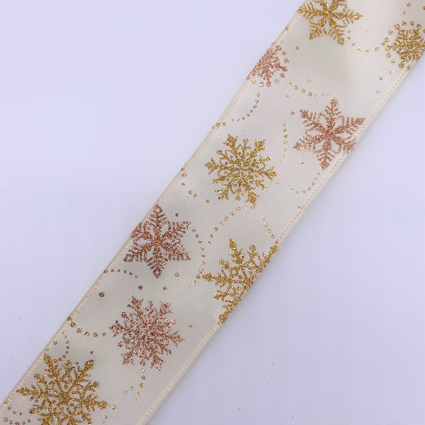 Cut at 3 Yard Increments, Satin, Glitter, Snowflakes, Wired Edged Ribbon, 2.5" X 3YD