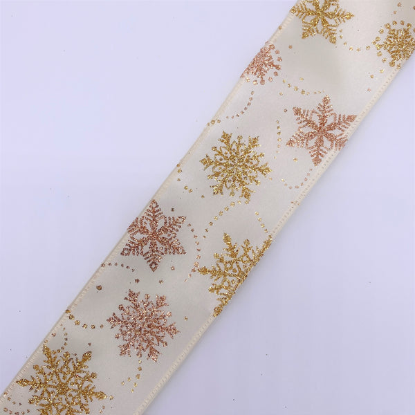 Cut at 3 Yard Increments, Satin, Glitter, Snowflakes, Wired Edged Ribbon, 2.5" X 3YD