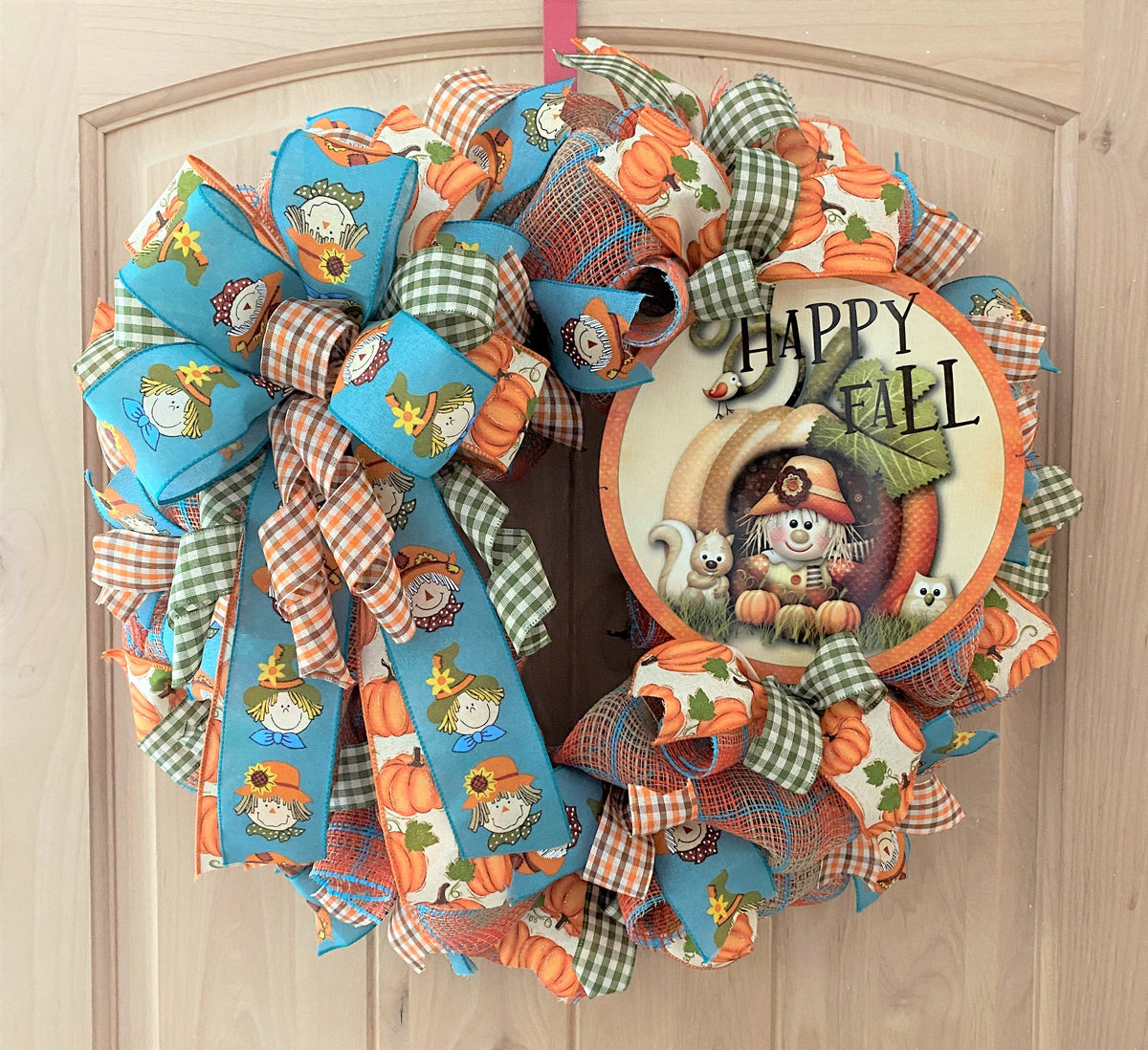 Fall Scarecrow Wreath, Happy Fall, Deco Mesh, Pumpkins, Scarecrows, Plaid, Orange, Brown, Cream, Blue, Moss Green