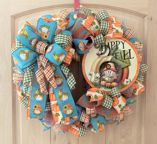 Fall Scarecrow Wreath, Happy Fall, Deco Mesh, Pumpkins, Scarecrows, Plaid, Orange, Brown, Cream, Blue, Moss Green