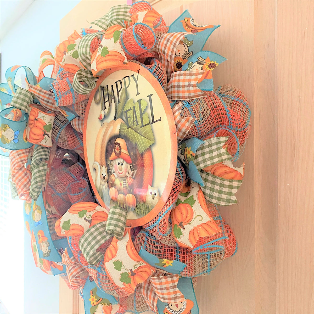 Fall Scarecrow Wreath, Happy Fall, Deco Mesh, Pumpkins, Scarecrows, Plaid, Orange, Brown, Cream, Blue, Moss Green