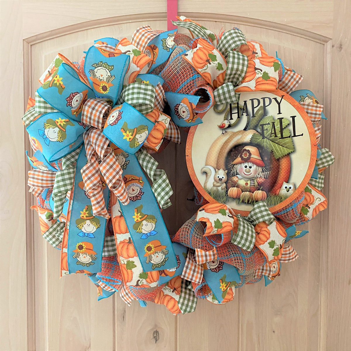Fall Scarecrow Wreath, Happy Fall, Deco Mesh, Pumpkins, Scarecrows, Plaid, Orange, Brown, Cream, Blue, Moss Green