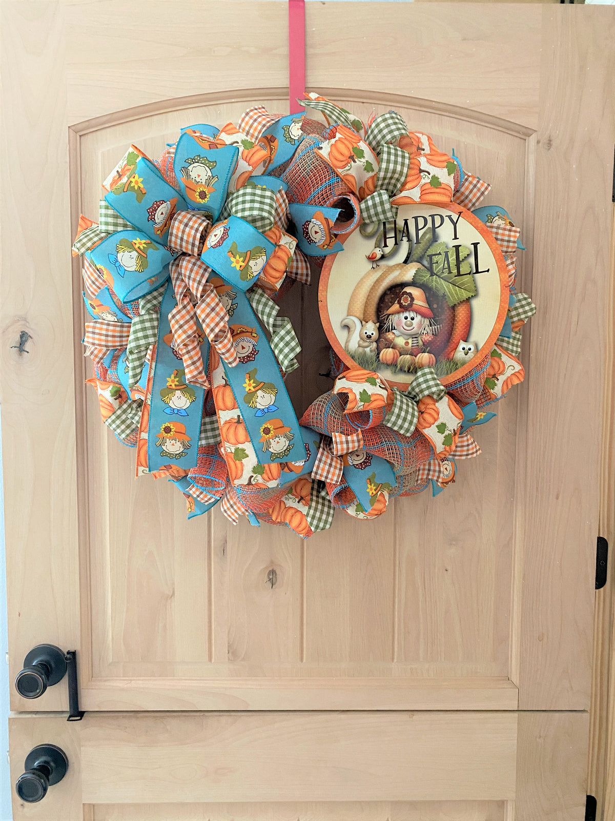 Fall Scarecrow Wreath, Happy Fall, Deco Mesh, Pumpkins, Scarecrows, Plaid, Orange, Brown, Cream, Blue, Moss Green