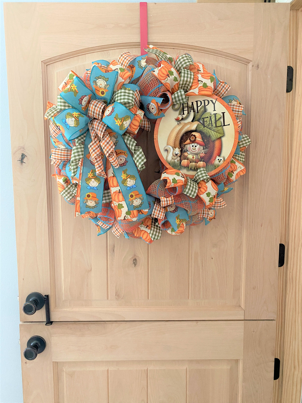Fall Scarecrow Wreath, Happy Fall, Deco Mesh, Pumpkins, Scarecrows, Plaid, Orange, Brown, Cream, Blue, Moss Green