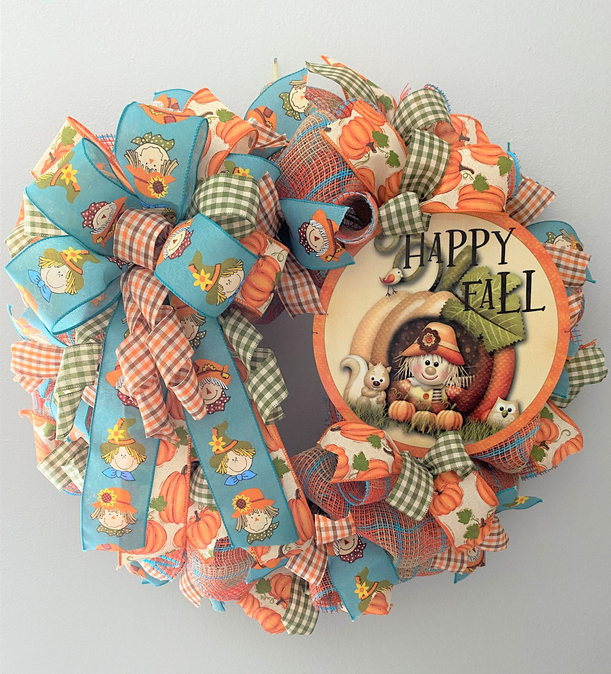 Fall Scarecrow Wreath, Happy Fall, Deco Mesh, Pumpkins, Scarecrows, Plaid, Orange, Brown, Cream, Blue, Moss Green
