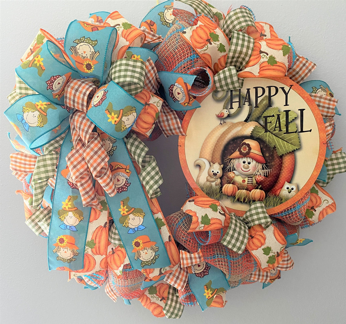 Fall Scarecrow Wreath, Happy Fall, Deco Mesh, Pumpkins, Scarecrows, Plaid, Orange, Brown, Cream, Blue, Moss Green