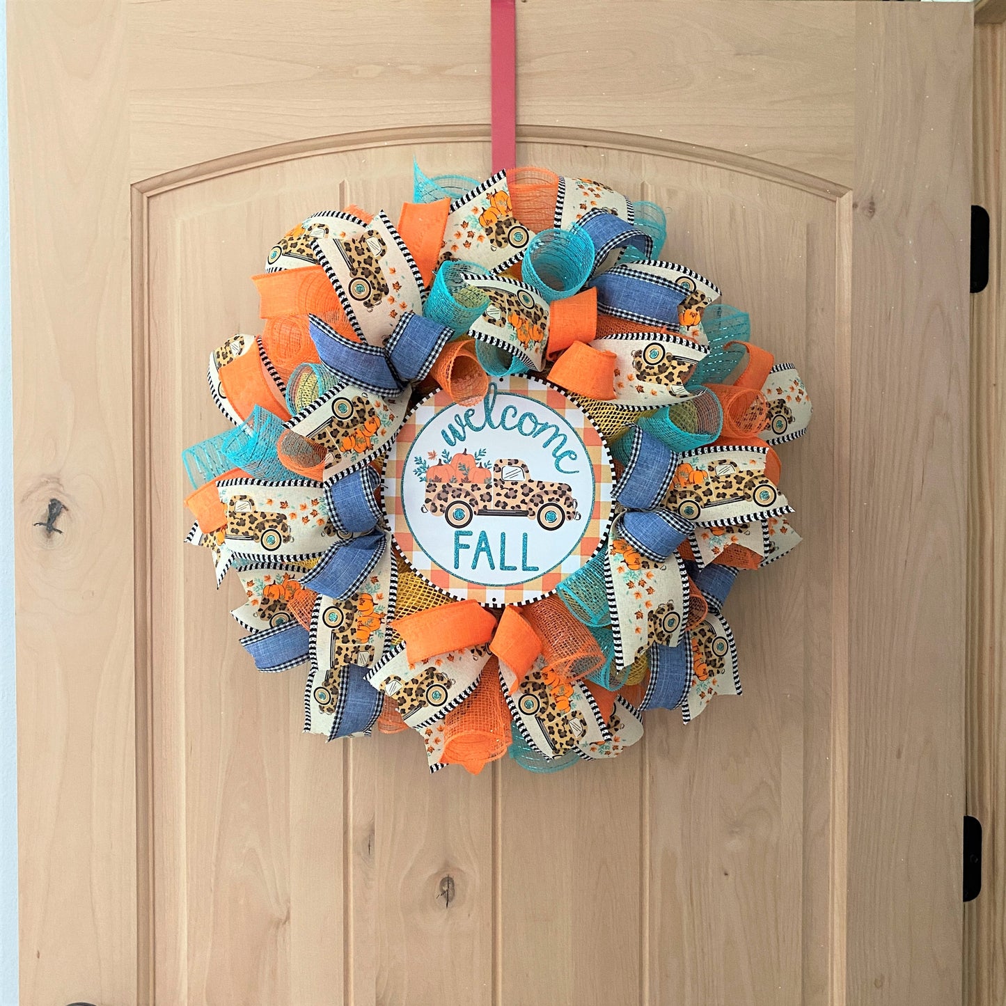 Fall Farm Truck, Welcome Wreath, Pumpkins, Leopard, Orange, Brown, Gold, Blue, Yellow, Small to Medium Size