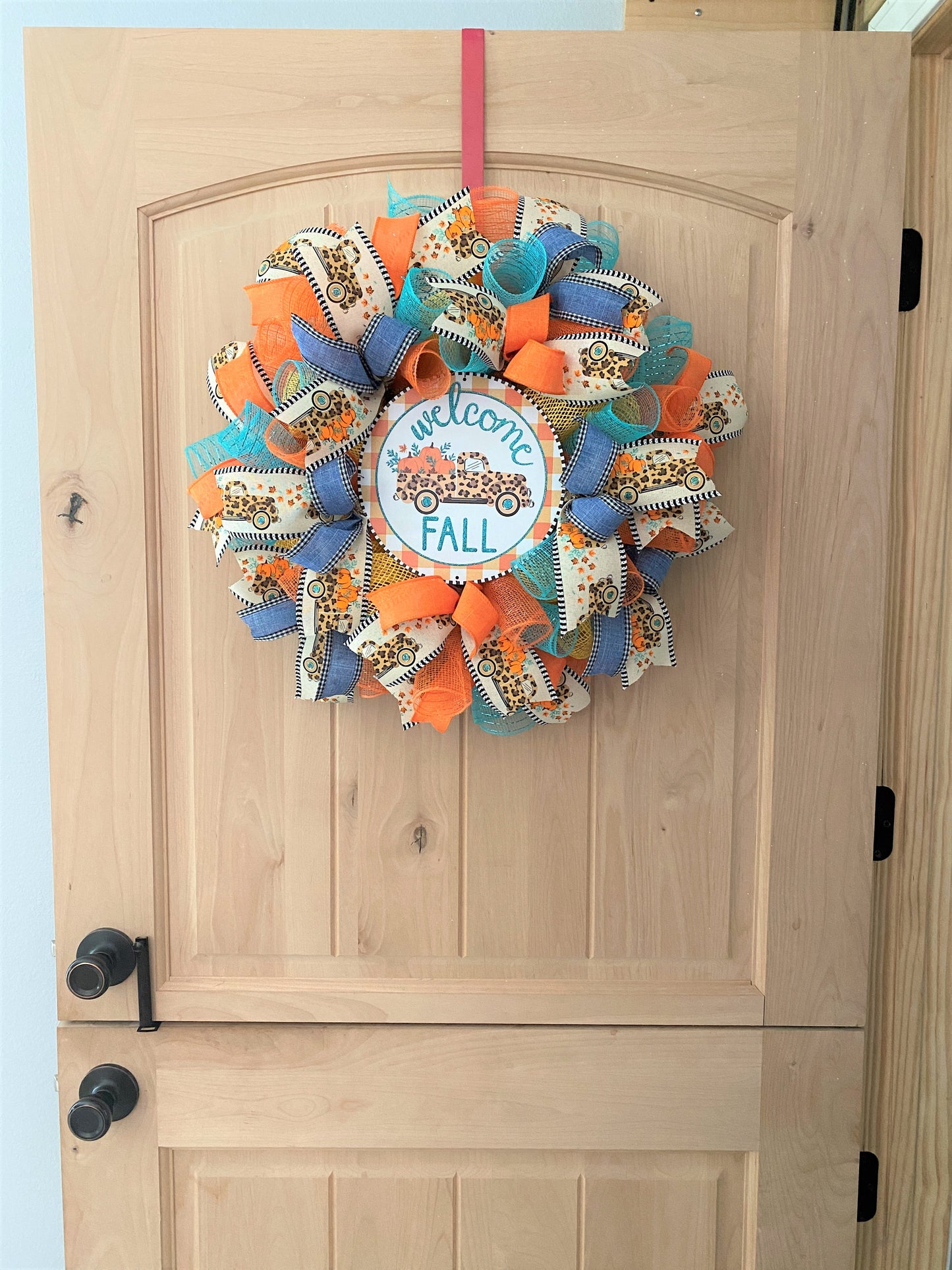 Fall Farm Truck, Welcome Wreath, Pumpkins, Leopard, Orange, Brown, Gold, Blue, Yellow, Small to Medium Size