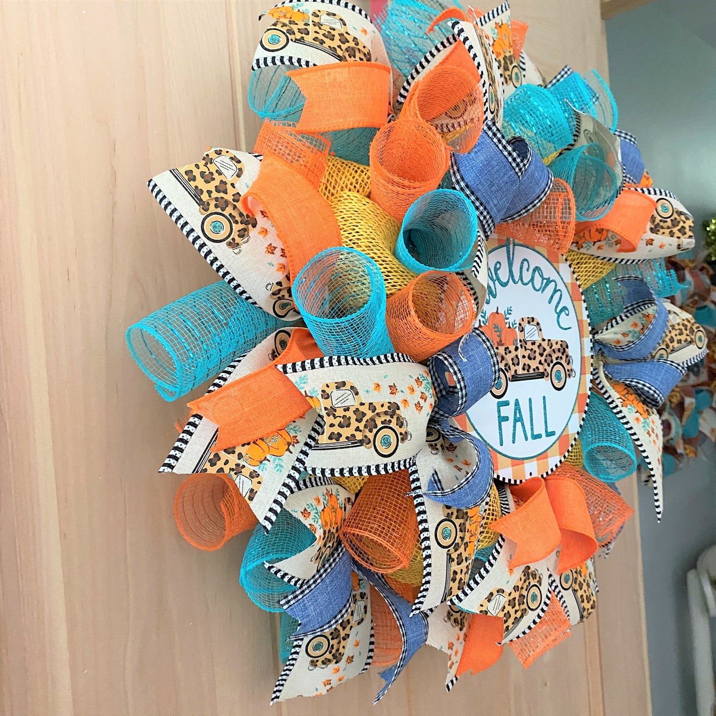 Fall Farm Truck, Welcome Wreath, Pumpkins, Leopard, Orange, Brown, Gold, Blue, Yellow, Small to Medium Size