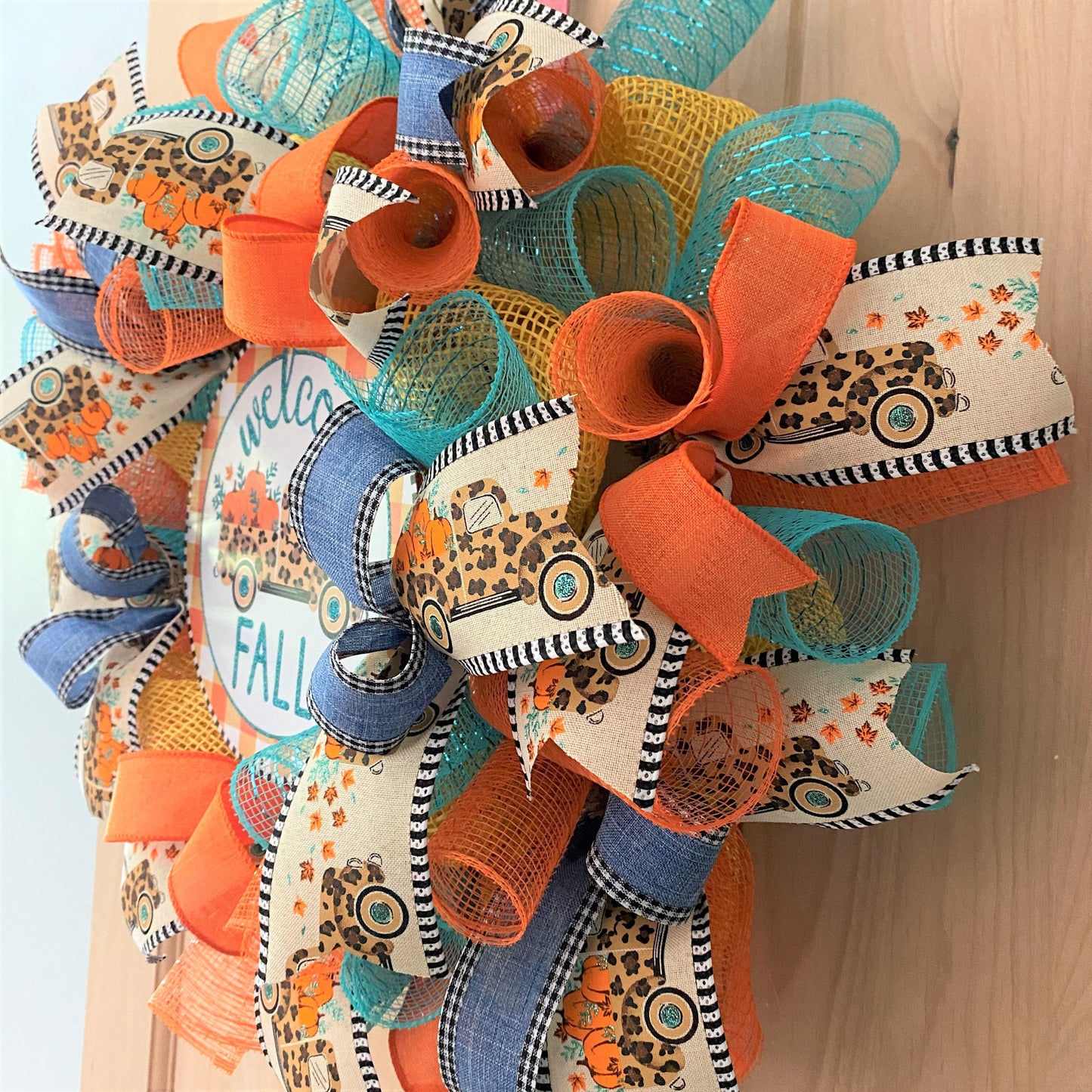 Fall Farm Truck, Welcome Wreath, Pumpkins, Leopard, Orange, Brown, Gold, Blue, Yellow, Small to Medium Size
