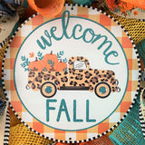 Fall Farm Truck, Welcome Wreath, Pumpkins, Leopard, Orange, Brown, Gold, Blue, Yellow, Small to Medium Size