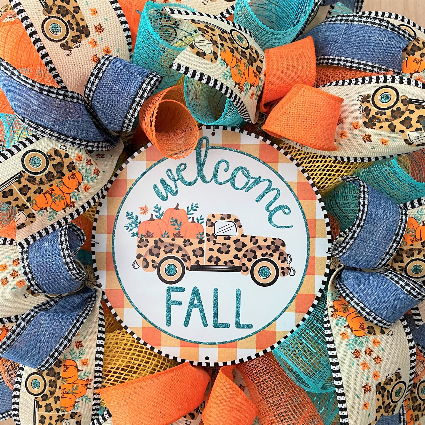 Fall Farm Truck, Welcome Wreath, Pumpkins, Leopard, Orange, Brown, Gold, Blue, Yellow, Small to Medium Size