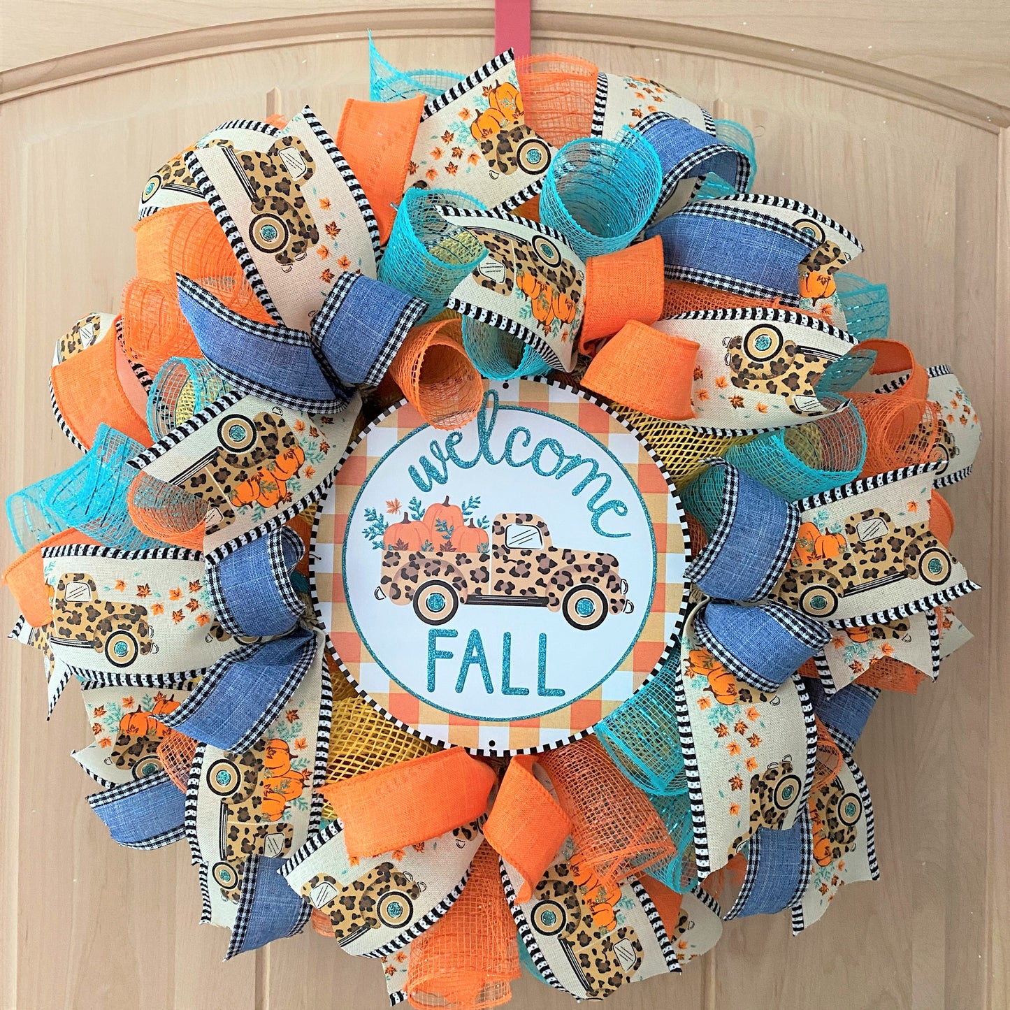Fall Farm Truck, Welcome Wreath, Pumpkins, Leopard, Orange, Brown, Gold, Blue, Yellow, Small to Medium Size