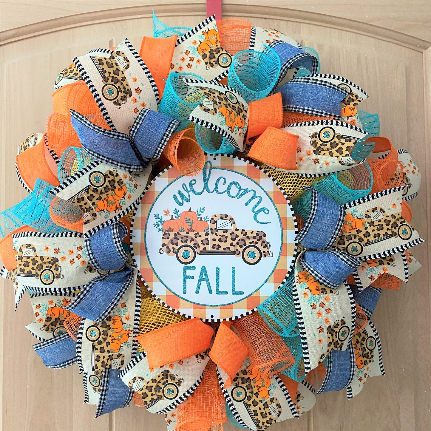 Fall Farm Truck, Welcome Wreath, Pumpkins, Leopard, Orange, Brown, Gold, Blue, Yellow, Small to Medium Size