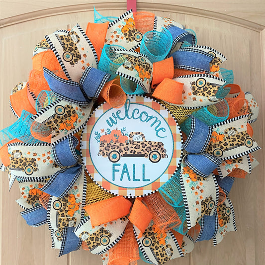 Fall Farm Truck, Welcome Wreath, Pumpkins, Leopard, Orange, Brown, Gold, Blue, Yellow, Small to Medium Size