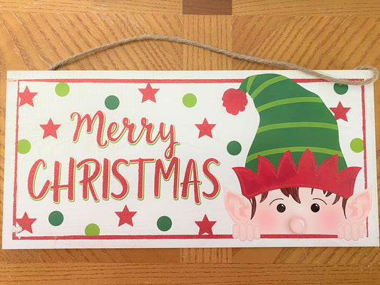 Blemished, Glitter Peeking Elf, Merry Christmas, White, Red, Emerald, Lime, MDF Sign, 12.5"Lx6"H, DAP8849