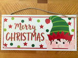 Blemished, Glitter Peeking Elf, Merry Christmas, White, Red, Emerald, Lime, MDF Sign, 12.5"Lx6"H, DAP8849
