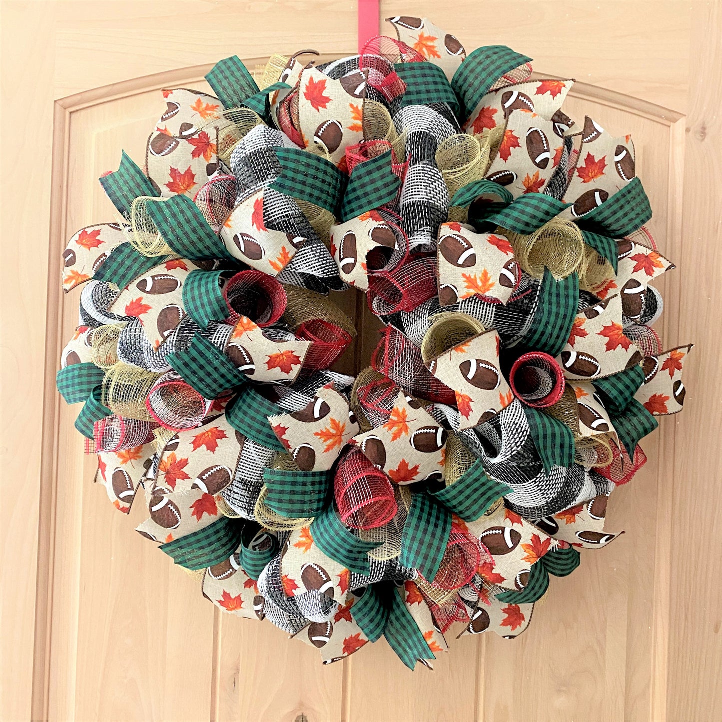Fall Football Wreath, Deco Mesh and Ribbon Wreath, Green, Brown, Beige, Gold, Red, Black, White, Medium to Large Size