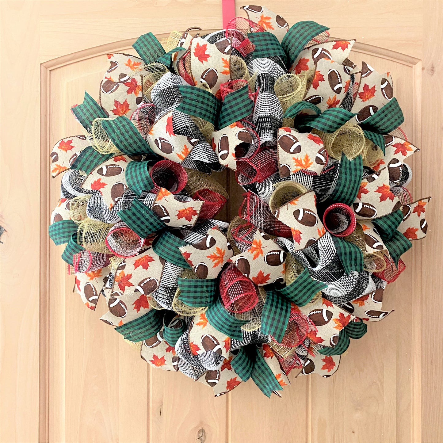 Fall Football Wreath, Deco Mesh and Ribbon Wreath, Green, Brown, Beige, Gold, Red, Black, White, Medium to Large Size