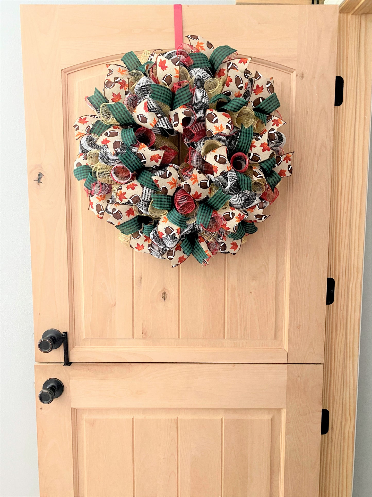 Fall Football Wreath, Deco Mesh and Ribbon Wreath, Green, Brown, Beige, Gold, Red, Black, White, Medium to Large Size